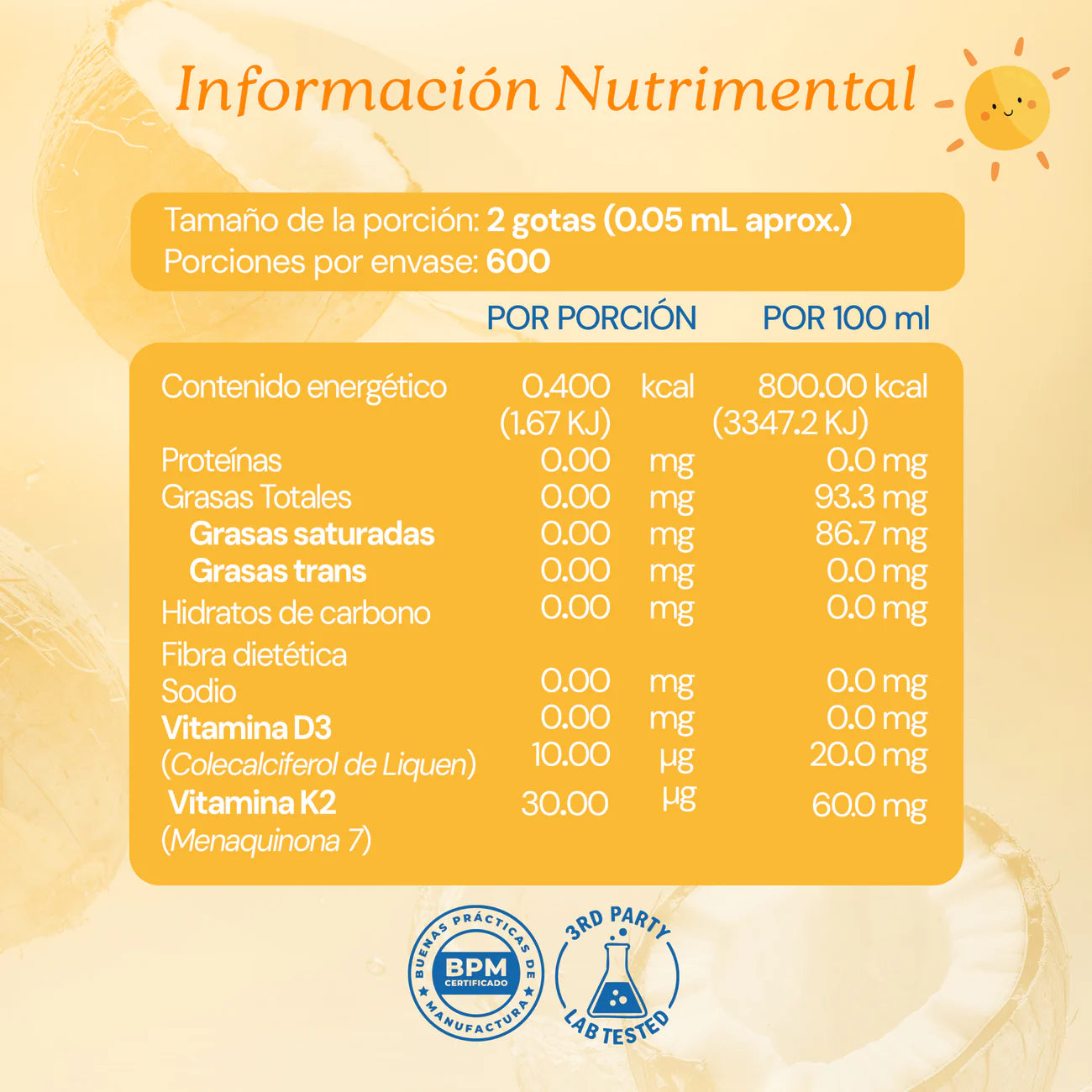 Vitamina D3 + K2 Kids Líquida en Gotas Con Aceite de Coco Orgánico | Sabor Ligero a Naranja Orgánica